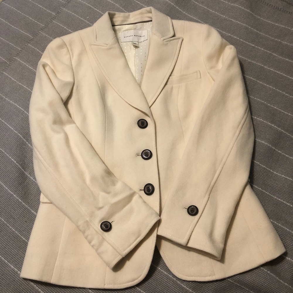 Banana Republic Off-White Wool Blend Riding Jacket Crest Buttons Cream 4P